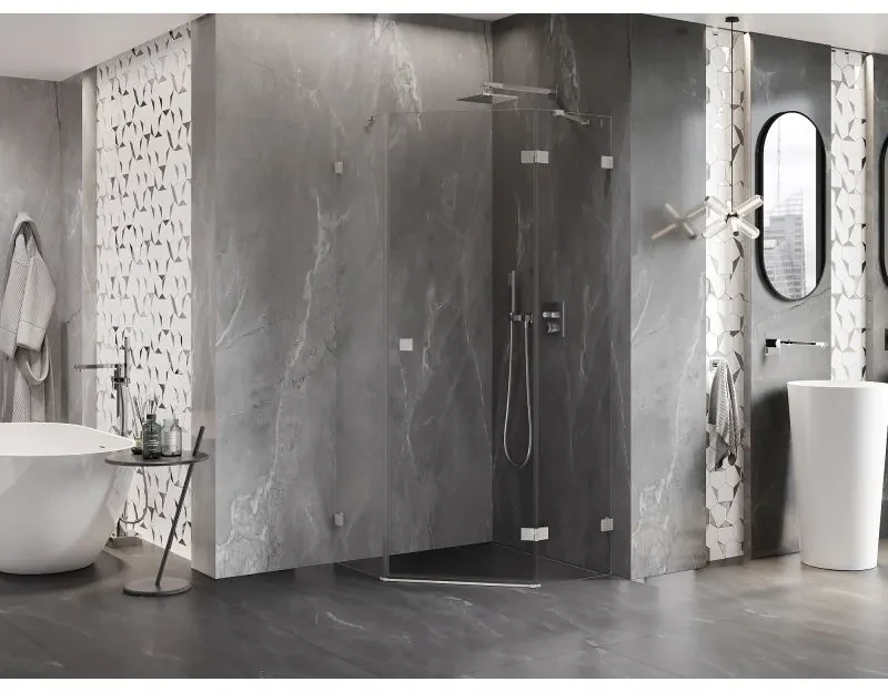 Mexen Lunar, päťuholníkový sprchový kút s pravým sklonom 80 x 80 cm, 8mm číre sklo, oceľový profil, 831-080P-080L-97-00-P