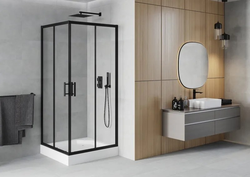 Mexen Rio, štvorcový sprchový kút 90 x 90 cm, 6mm číre sklo, čierny profil + biela sprchová vanička RIO, 860-090-090-70-00-4510