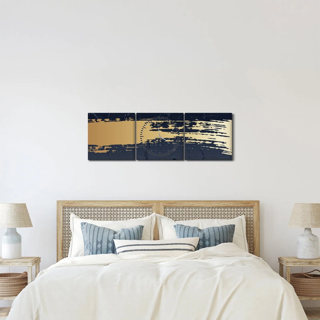 Obraz - Modrá a zlatá abstrakcia N⁰2 (s hodinami) (90x30 cm)
