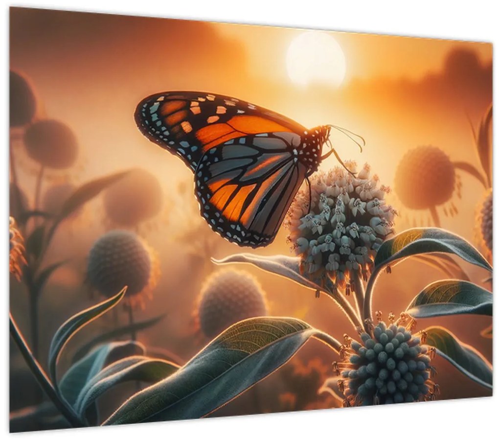 Sklenený obraz – Motýľ v zapadajúcom slnku (70x50 cm)