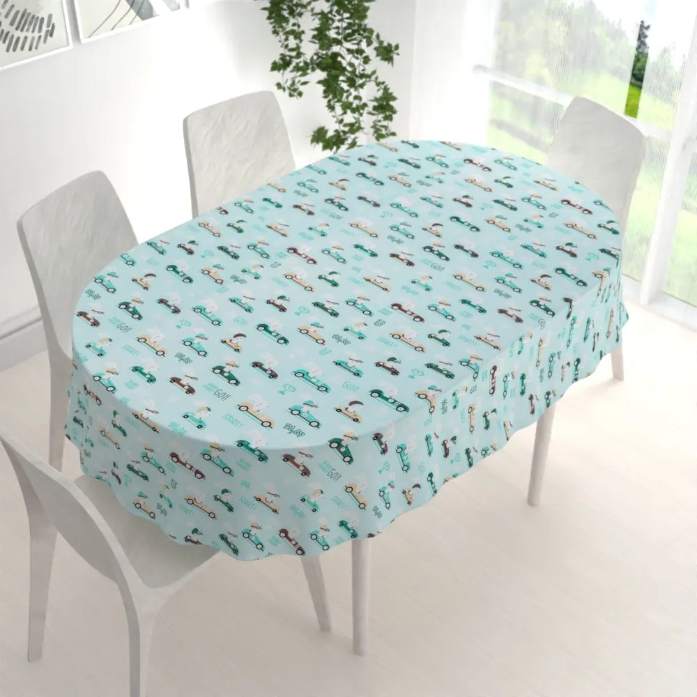 Biante Detský bavlnený oválny obrus Sandra SA-375 Zajačie automobilové preteky na mintovom 140x220 cm