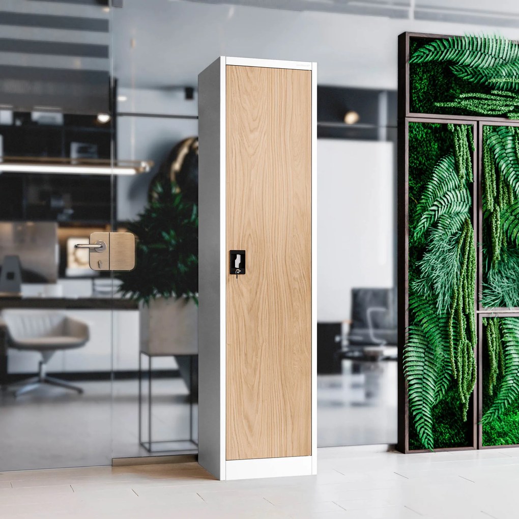Kovová spisová skriňa ALEX, 450 x 1850 x 400 mm, Eco Design: biela/ dub sonoma