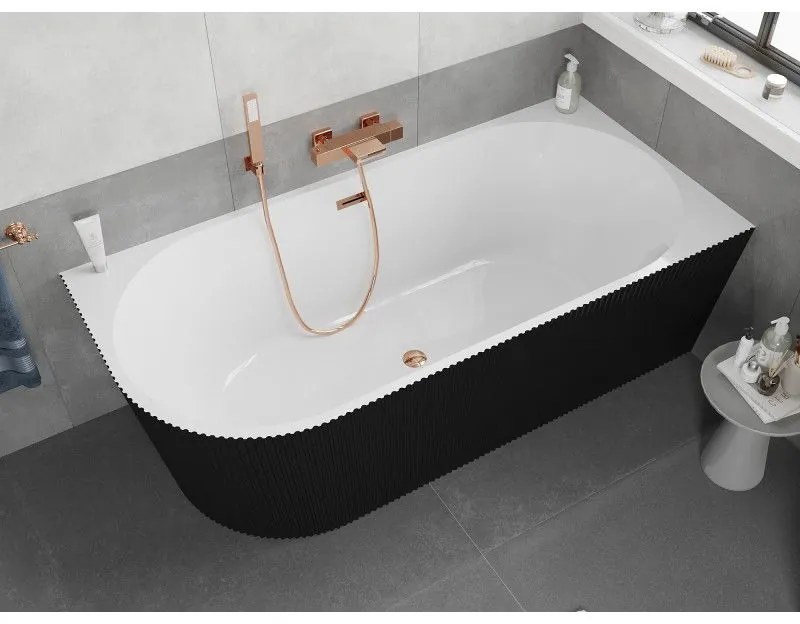 Mexen Silo, rohová voľne stojaca ryhovaná vaňa, pravá, 170 x 80 cm, biela-čierna, ružové zlato prepad, 52891708075P-60