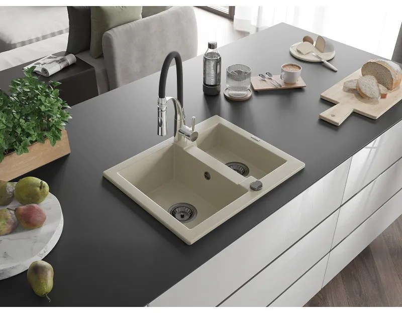 Mexen Carlos, 1,5-komorový granitový drez 582x475x177 mm a drezová batéria Aster, béžová, 6518-69-73450-07-B