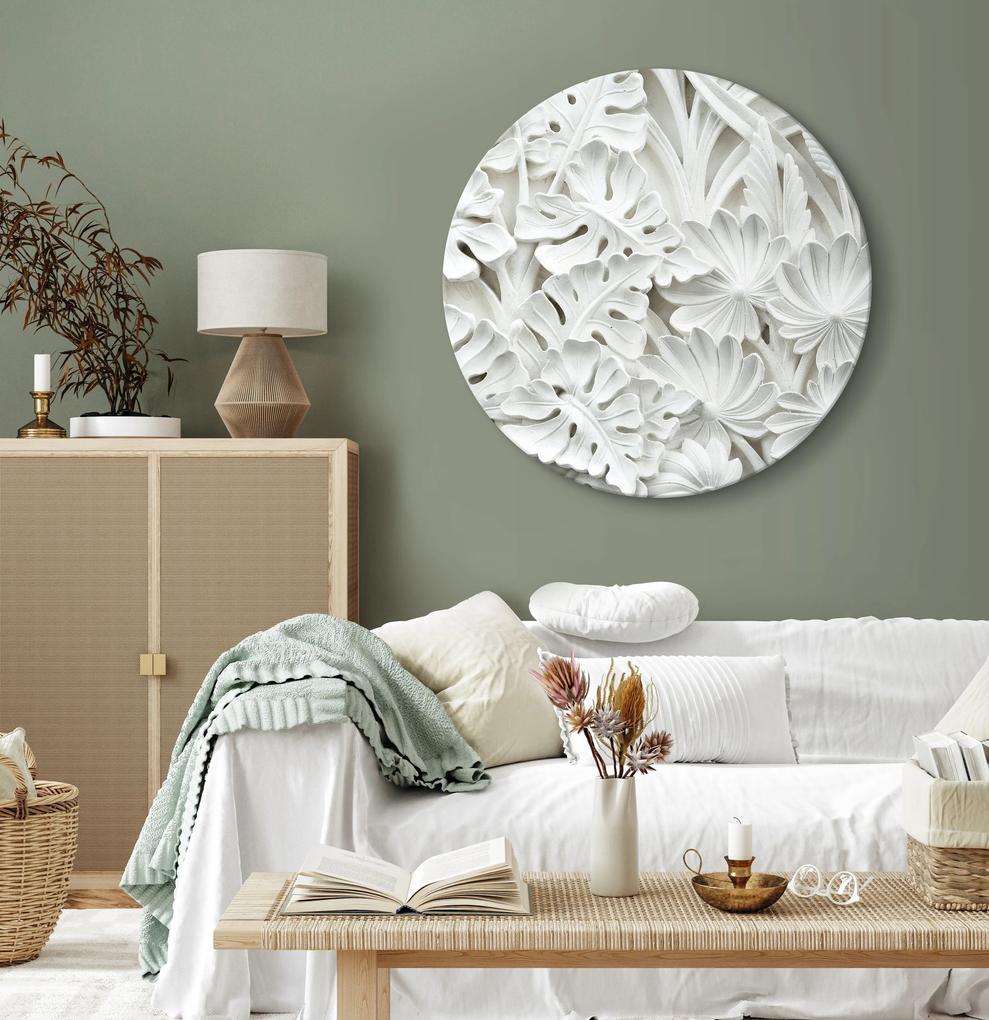 Artgeist Okrúhlý obraz - Carved Nature - Pattern With White Leaves Made of Stone Veľkosť: 60x60