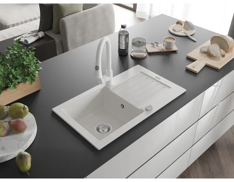 Mexen Pablo, 1-komorový granitový drez 752x436x161 mm a drezová batéria Elia, biela, 6510-20-670101-20