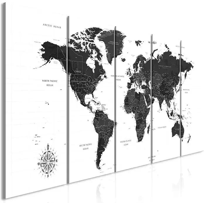 Obraz - Black and White Map (5 Parts) Narrow Veľkosť: 225x90, Verzia: Na talianskom plátne