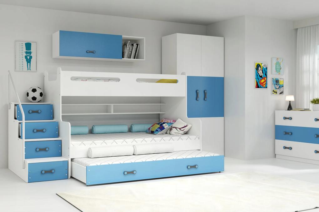 MAX 3 - Poschodová posteľ (rozšírená) s prístelkou - 200x120cm - Biely - Modrý