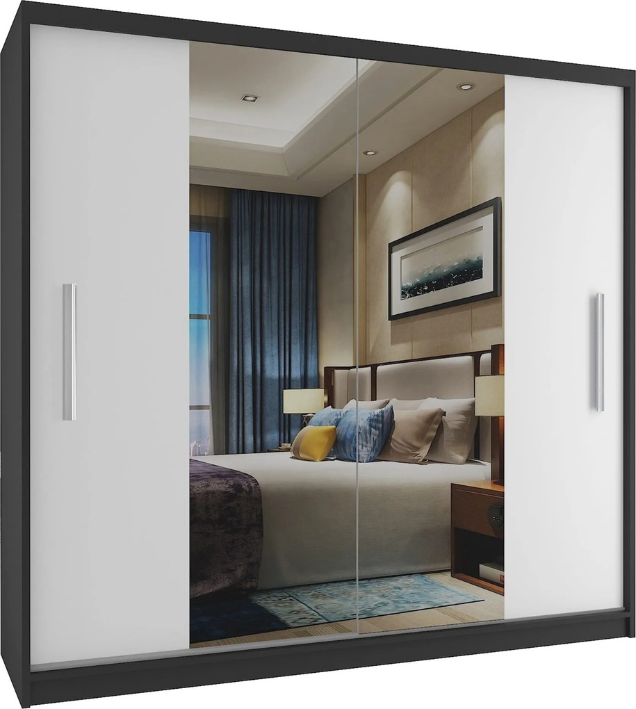 Šatníková skriňa 200 cm Belini čierny mat / biely mat s posuvnými dverami a zrkadlom  ME SZP1/2/B/W/0/AL