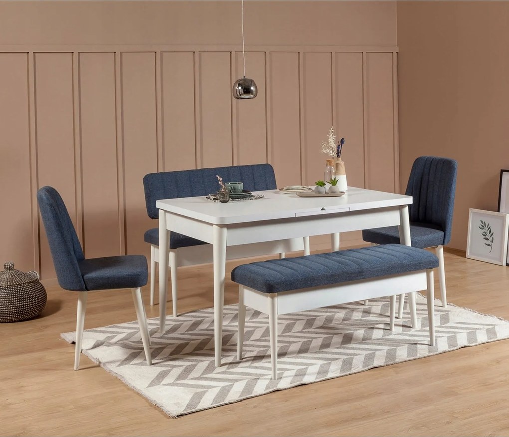 Rozkladací jedálenský stôl +2 stoličky +2 lavice) Vlasta (biela+tmavomodrá)