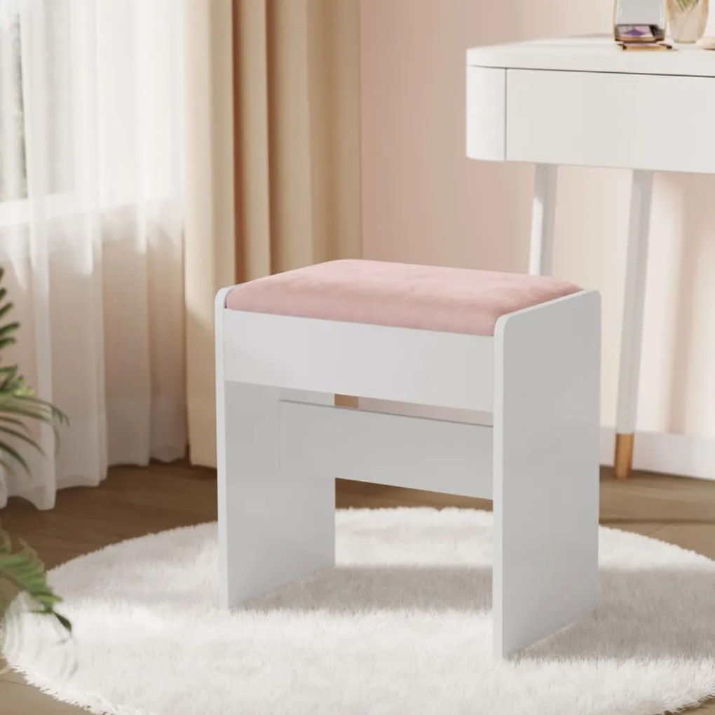 Čalúnená taburetka/stolička VELVET ku toaletnému stolíku, 45x45x28,6cm, biela/ružová Vasagle