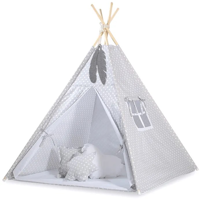 Bobono Stan Teepee pre deti + ozdobné perie - Biele bodky na sivej farbe