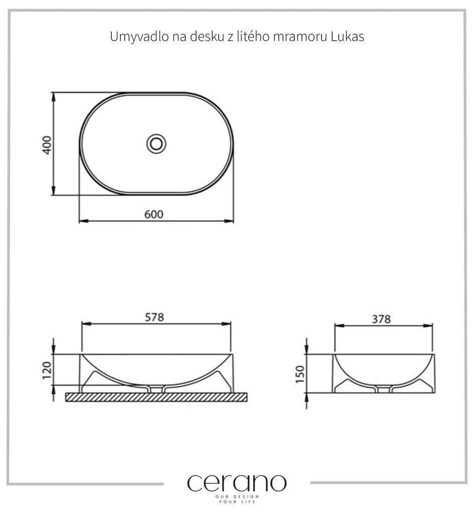 Cerano Lukas, umývadlo na dosku z liateho mramoru 60x40x15 cm, biela, CER-CER-395766