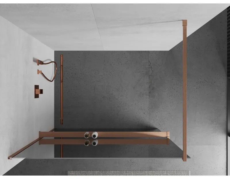 Mexen Kioto+, sprchová zástena Walk-In s poličkou a vešiakom 100 x 200 cm, 8mm sklo vzor zrkadlo, medený matný profil, 800-100-121-65-50
