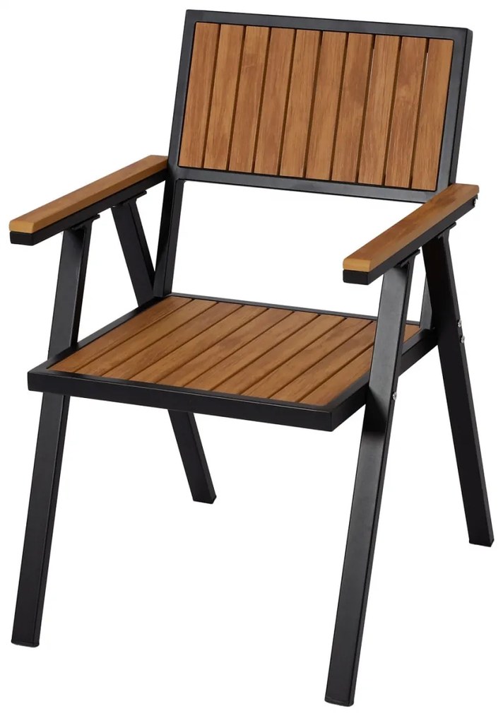 Set 2 záhradných stoličiek HWC-J95, hliník imitácia dreva - čierny rám, teak