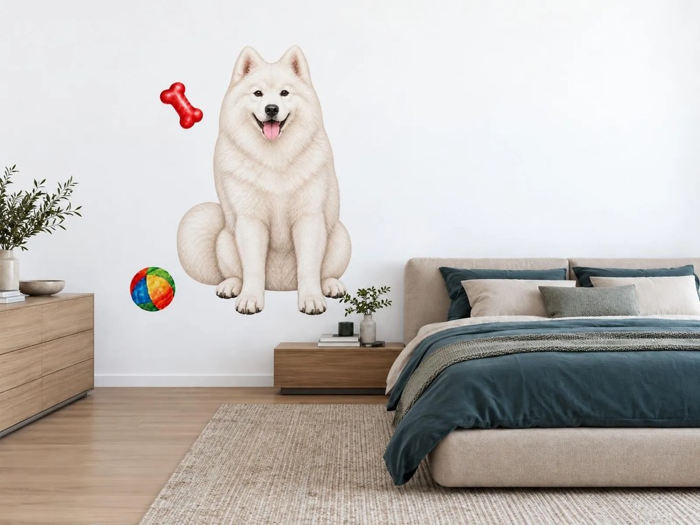 Samojed s loptičkou a kosťou realistické textilné nálepky na stenu pre milovníkov samojedov hárok 30 x 46 cm