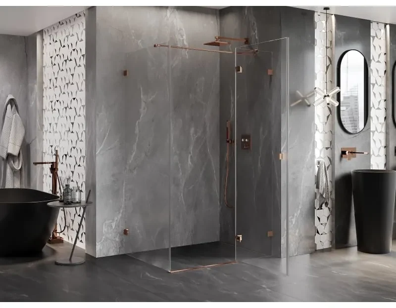 Mexen Lunar T, výklopný sprchový kút pravý 135 x 120 cm, 8mm číre sklo, profil ružové zlato, 834T-135-120-60-00-P