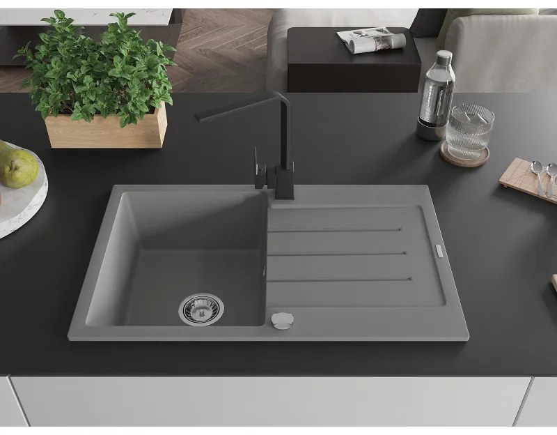 Mexen Bruno, drez granitový 795x495x200 mm, 1-komorový, šedá s chrómovým sifónom a čierna drezová batéria Rita, 6513-71-670300-70