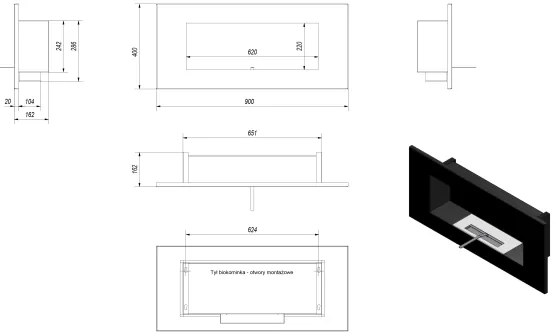 Kratki DELTA2/CZARNY/TUV - Vstavaný BIO DELTA2 krb 40x90 cm 2kW čierna