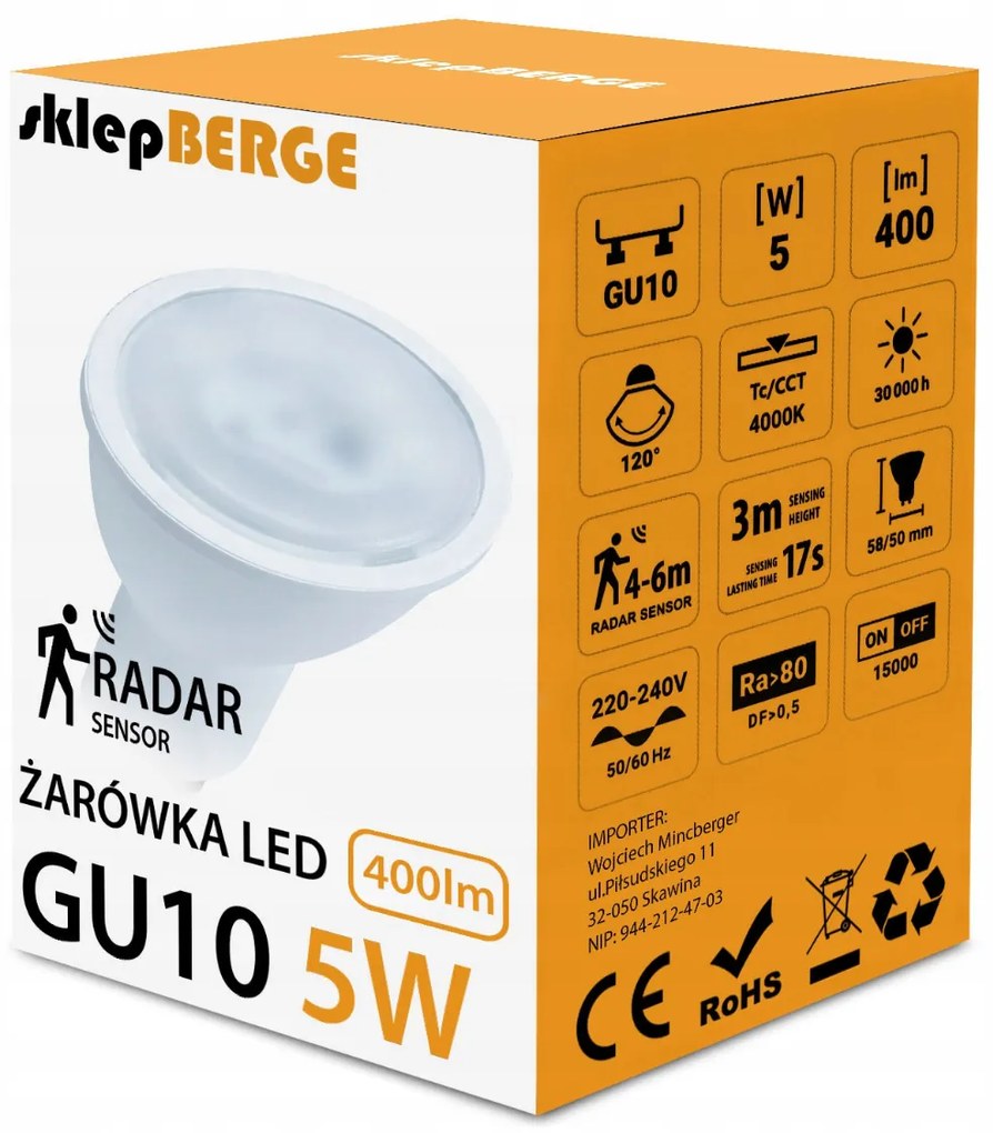 BERGE LED žiarovka GU10 5W s pohybovým a súmrakovým senzorom