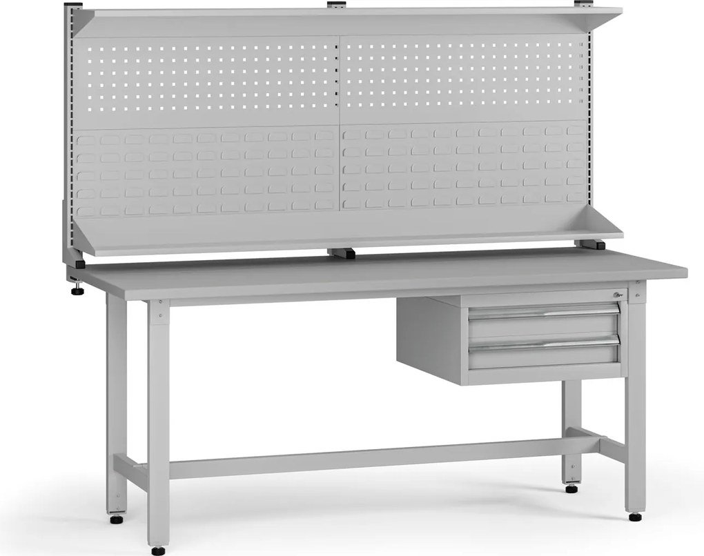 Výškovo nastaviteľný dielenský stôl G5 s nadstavbou, 1800 x 750 x 800-1000 mm, 1x kontajner, 2 zásuvky, sivá