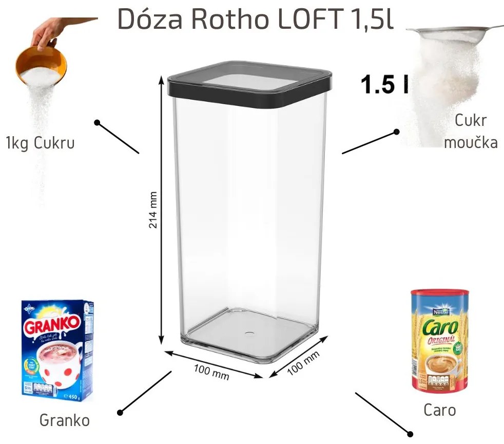 Dóza na potraviny 1,5 l Rotho Loft - LONG Black, čierna