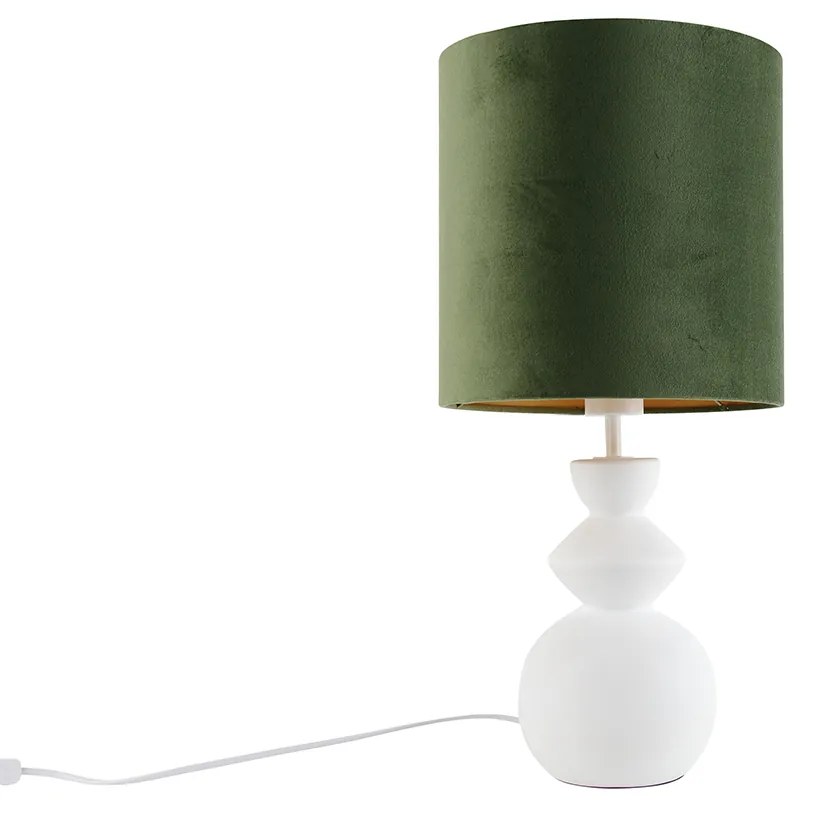 Dizajnová stolová lampa biela s tienidlom z zamatu zelená so zlatom 25 cm - Alisia
