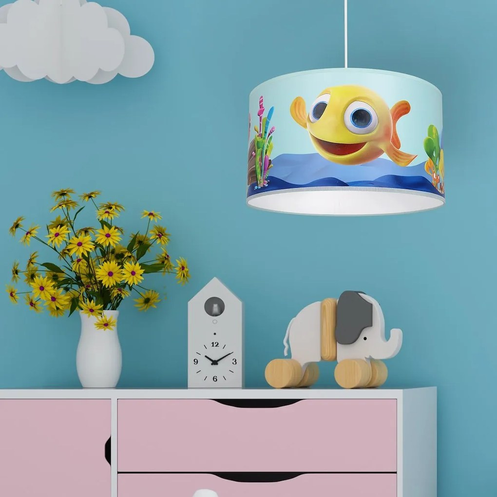 Detské závesné svietidlo Fish, 1x plastové tienidlo so vzorom, bl