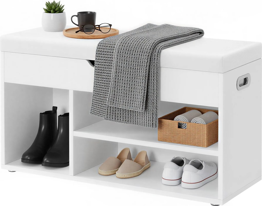 Úložná lavička s vankúšom, čalúnené sedenie na topánky, 30 x 80 x 44 cm, biela