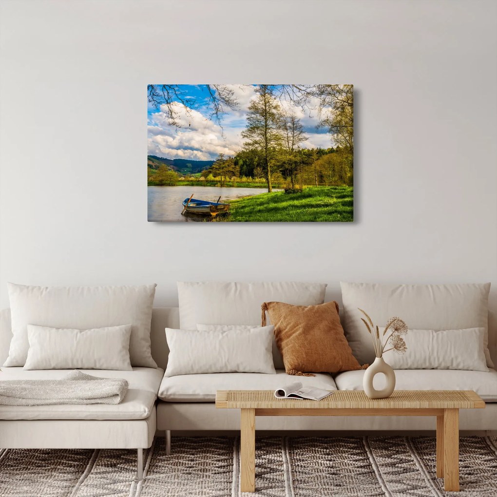Obraz loďky pri jazere (90x60 cm)