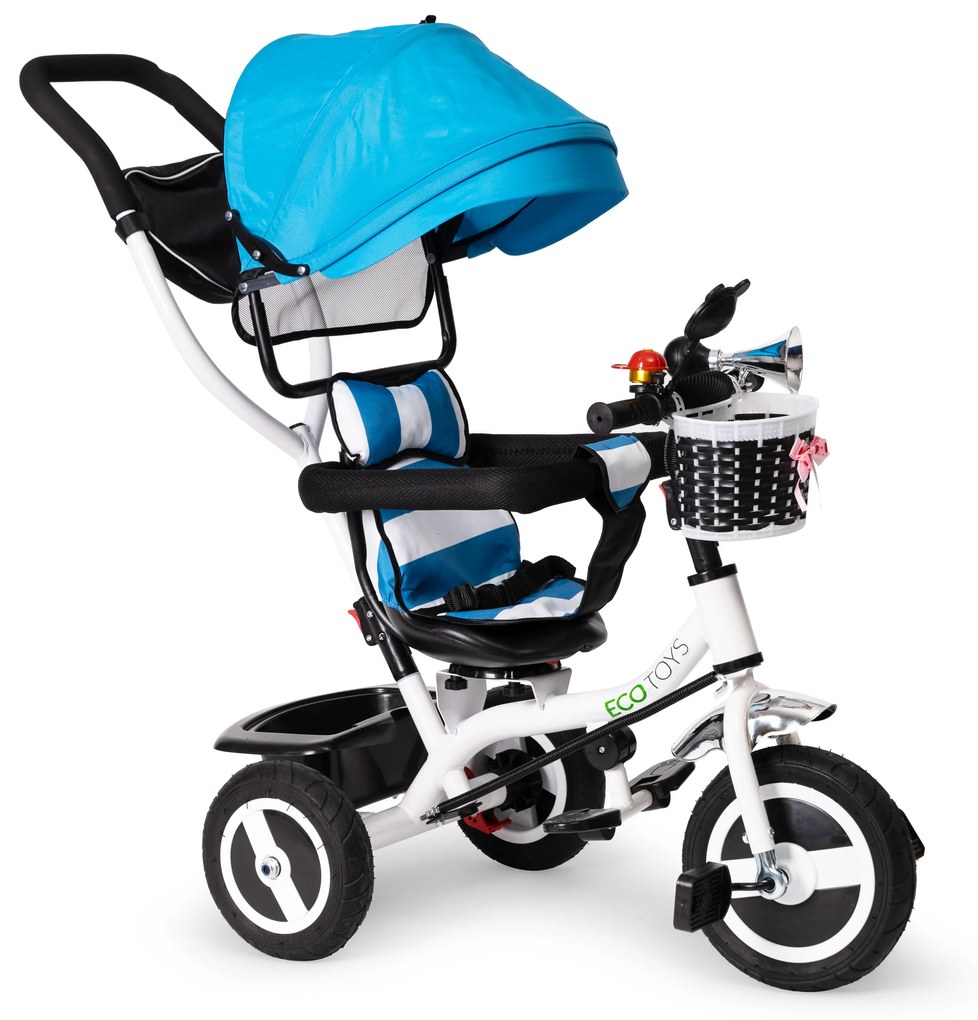 Trojkolka s otočnou strieškou odolné gumové kolieska modrá ECOTOYS