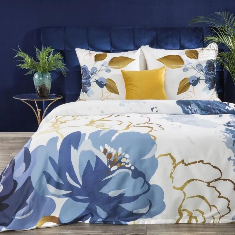 DomTextilu Biele hodvábne posteľné obliečky s modro zlaými kvetmi EVA MINGE 140 x 200 cm 2 časti: 1ks 140x200 + 1ks 70x80 Biela 44849-209010