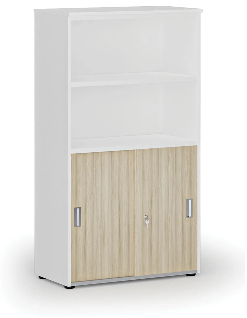 Kombinovaná kancelárska skriňa PRIMO WHITE, zasúvacie dvere na 2 poschodia, 1434 x 800 x 420 mm, biela/dub prírodná