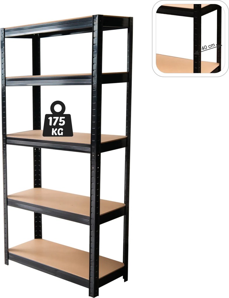 CH 5- policový kovový úložný regál Tosca IX. 180 x 90 x 40 cm - čierna