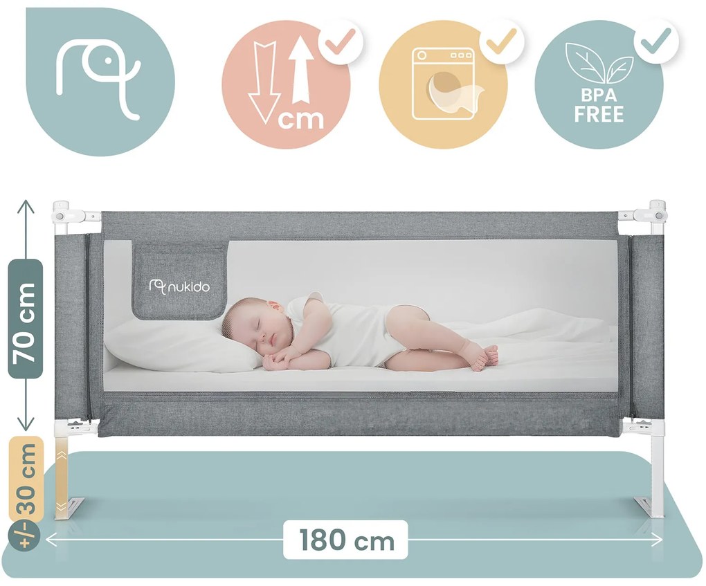 Bezpečnostná zábrana k posteli 180 cm Nukido NK-227 - sivá