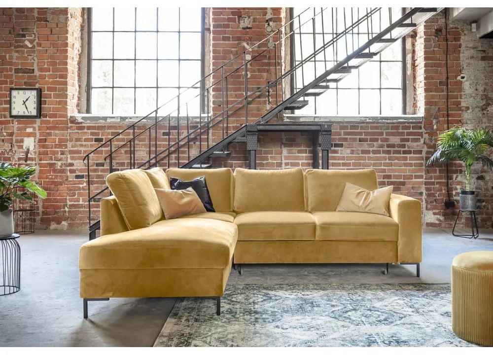 Žltá zamatová rozkladacia rohová pohovka (ľavý roh) Lofty Lilly – Miuform