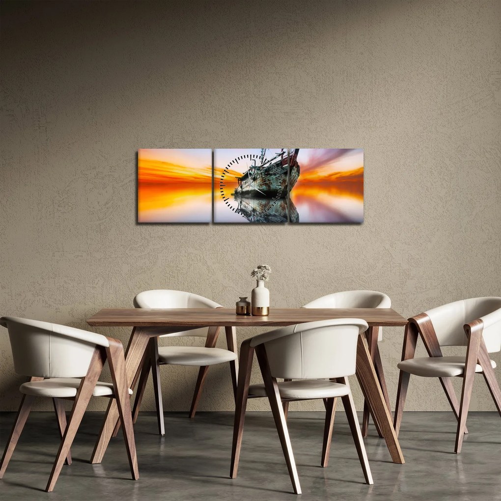 Obraz - Svitanie nad vrakom lode (s hodinami) (90x30 cm)