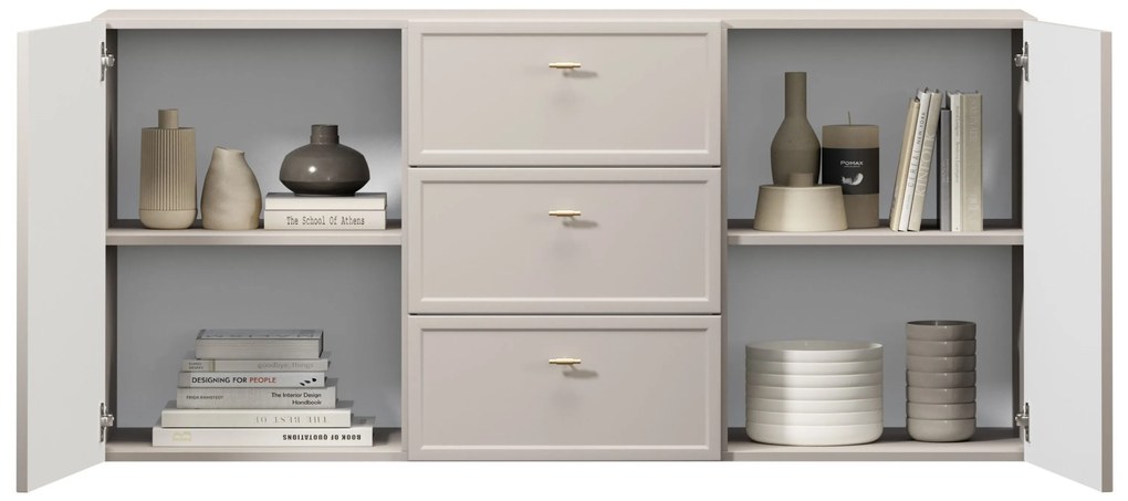 Závesná komoda Lorini 150 cm so zásuvkami - kašmír / zlaté úchytky T-bar