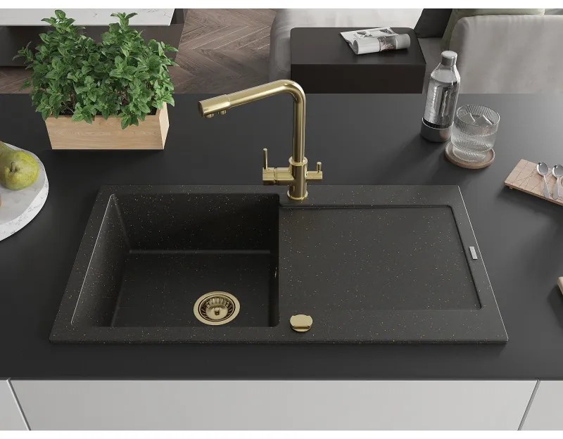 Mexen Leo, drez granitový 900x500x190 mm, 1-komorový a zlatá batéria Duero, čierna-zlatá metalíza, 6501-75-671600-50