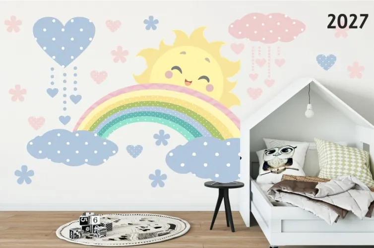 Krásna nálepka na stenu v pastelových farbách slniečko dúha a mraky