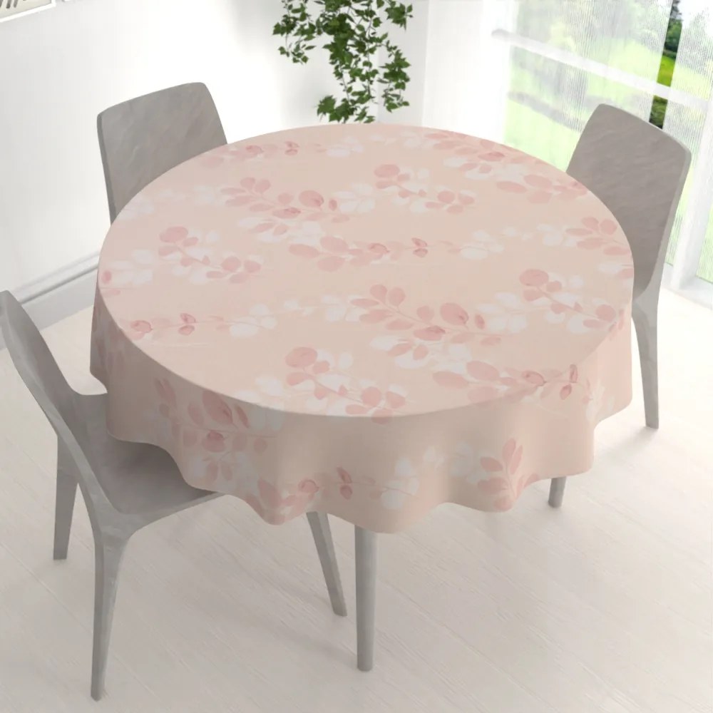 Biante Bavlnený okrúhly obrus Sandra SA-682 Eukalyptové listy na pastelovo ružovom Ø 120 cm