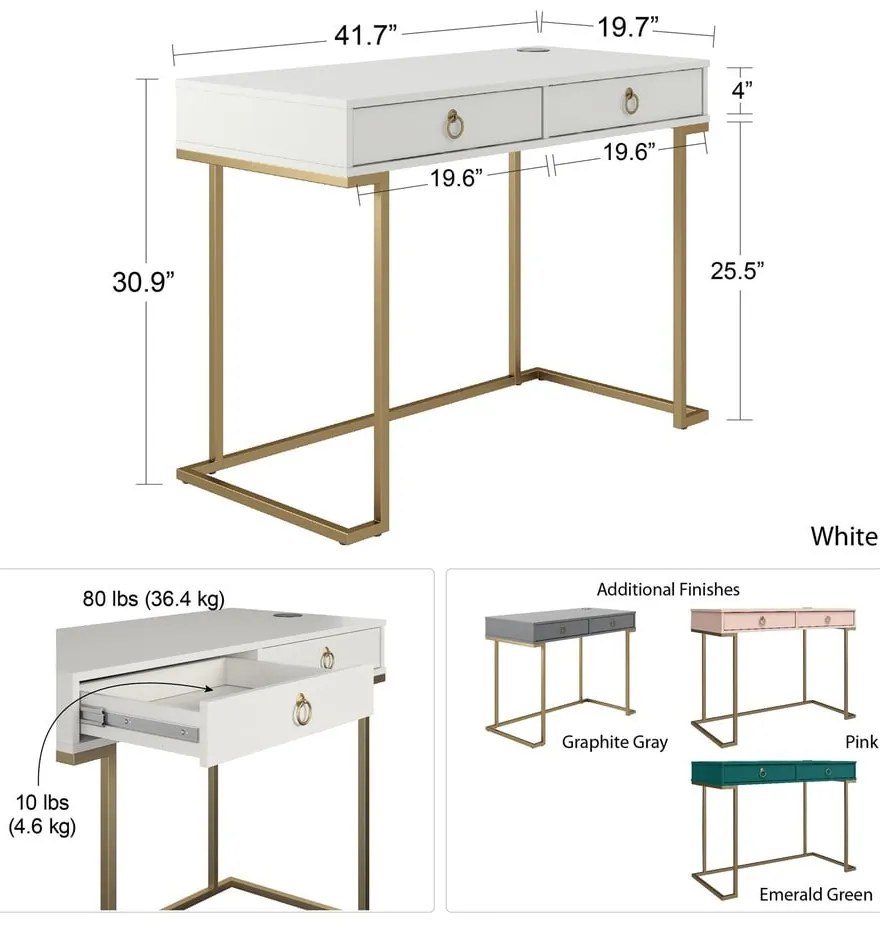 Biely pracovný stôl CosmoLiving by Cosmopolitan Camila