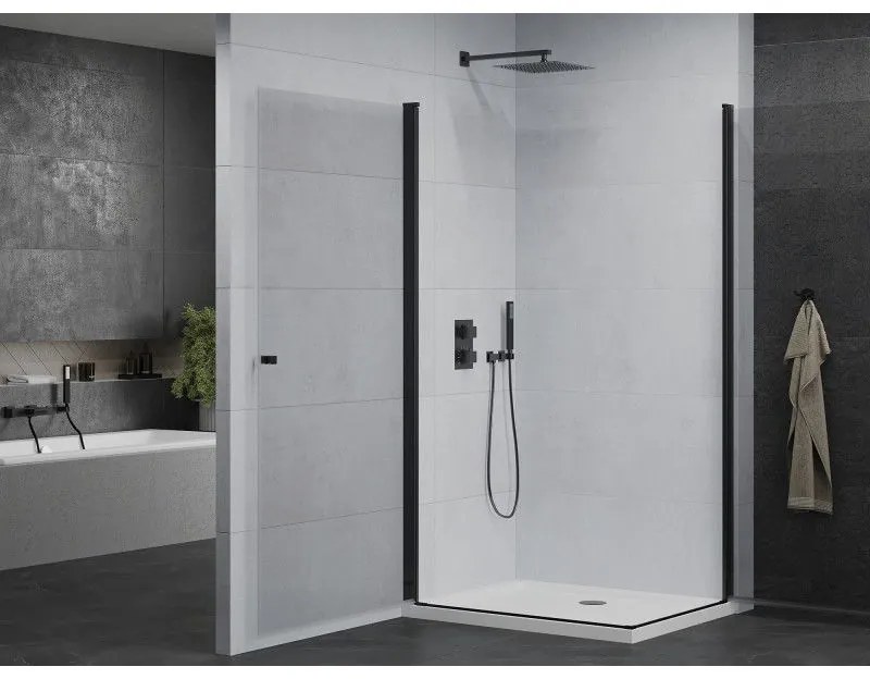 Mexen Pretoria Duo, sprchovací kút s 2-krídlovými dverami 80 (dvere) x 70 (dvere) cm, 6mm číre sklo, čierny profil + slim sprchová vanička 5cm biela s čiernym sifónom, 852-080-070-70-02-4010B
