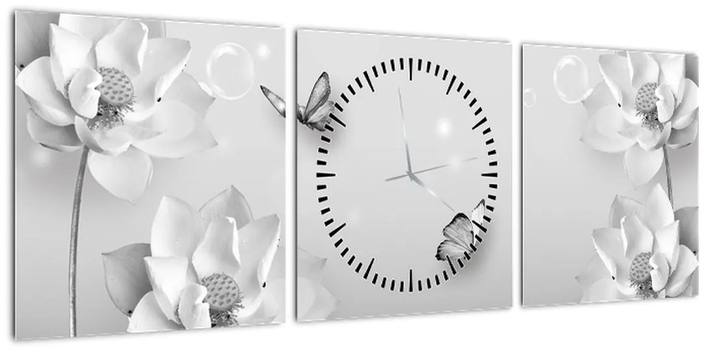 Obraz - Kvetinový dizajn s motýlikmi (s hodinami) (90x30 cm)