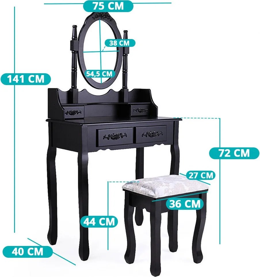 Toaletný stolík s taburetkou- Rome, čierny