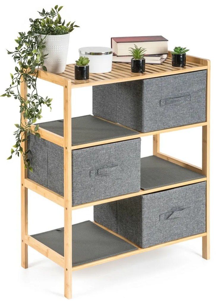 G21 Bambusový regál s košíkmi, 3 police, sivápolice, sivá, 3 poschodia