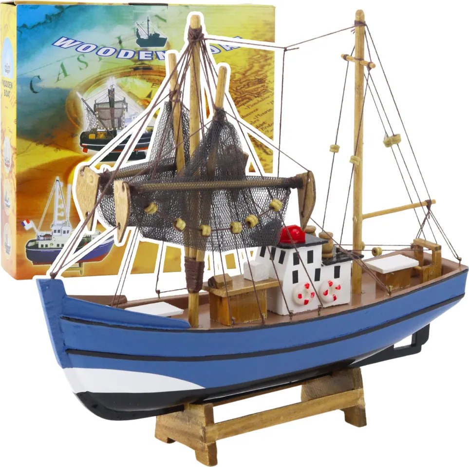 LEAN Toys Zberateľský dekoratívny model rybárskej lode modrý 30x26 cm