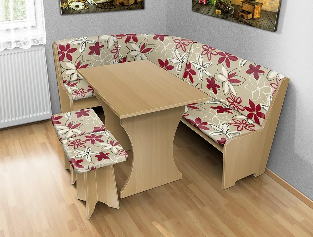 Nabytekmorava Jedálenská rohová lavica sa štokrlemi a stolom farba lamina: agát (akát), čalúnenie vo farbe: Alova červená