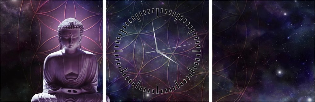 Obraz - Budha s kvetmi života (s hodinami) (90x30 cm)