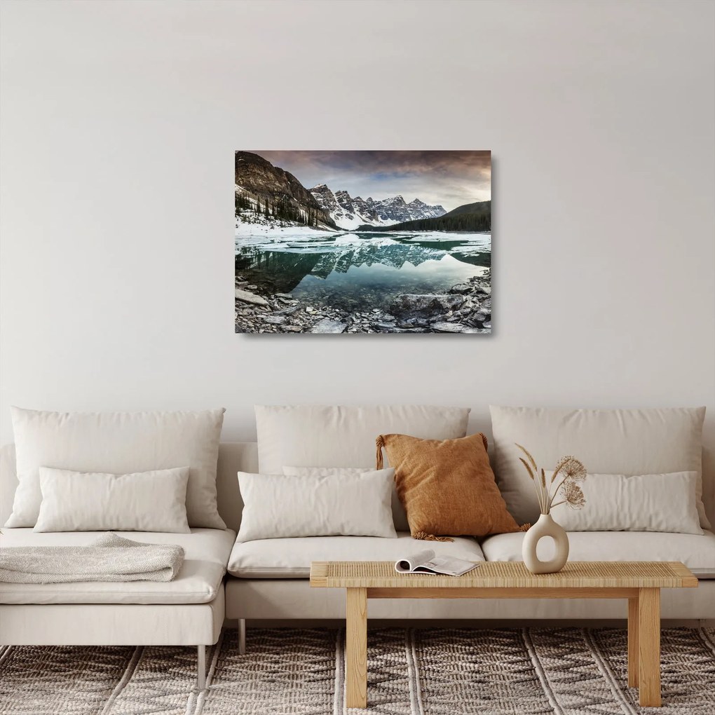 Sklenený obraz - jazero v zime (70x50 cm)